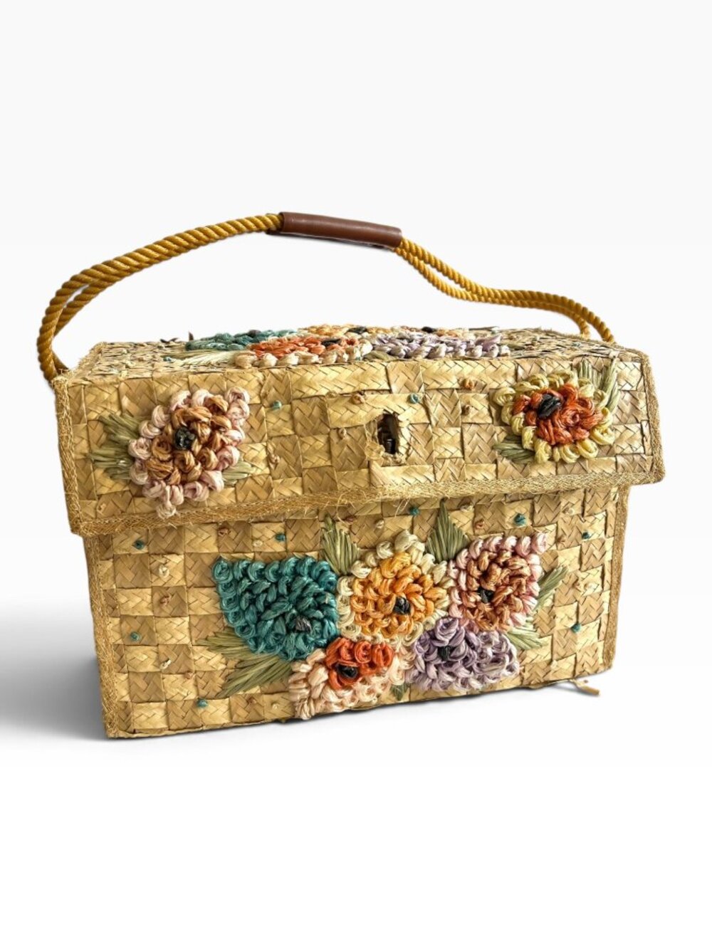 Vintage Woven Raffia Straw Floral Picnic Bag